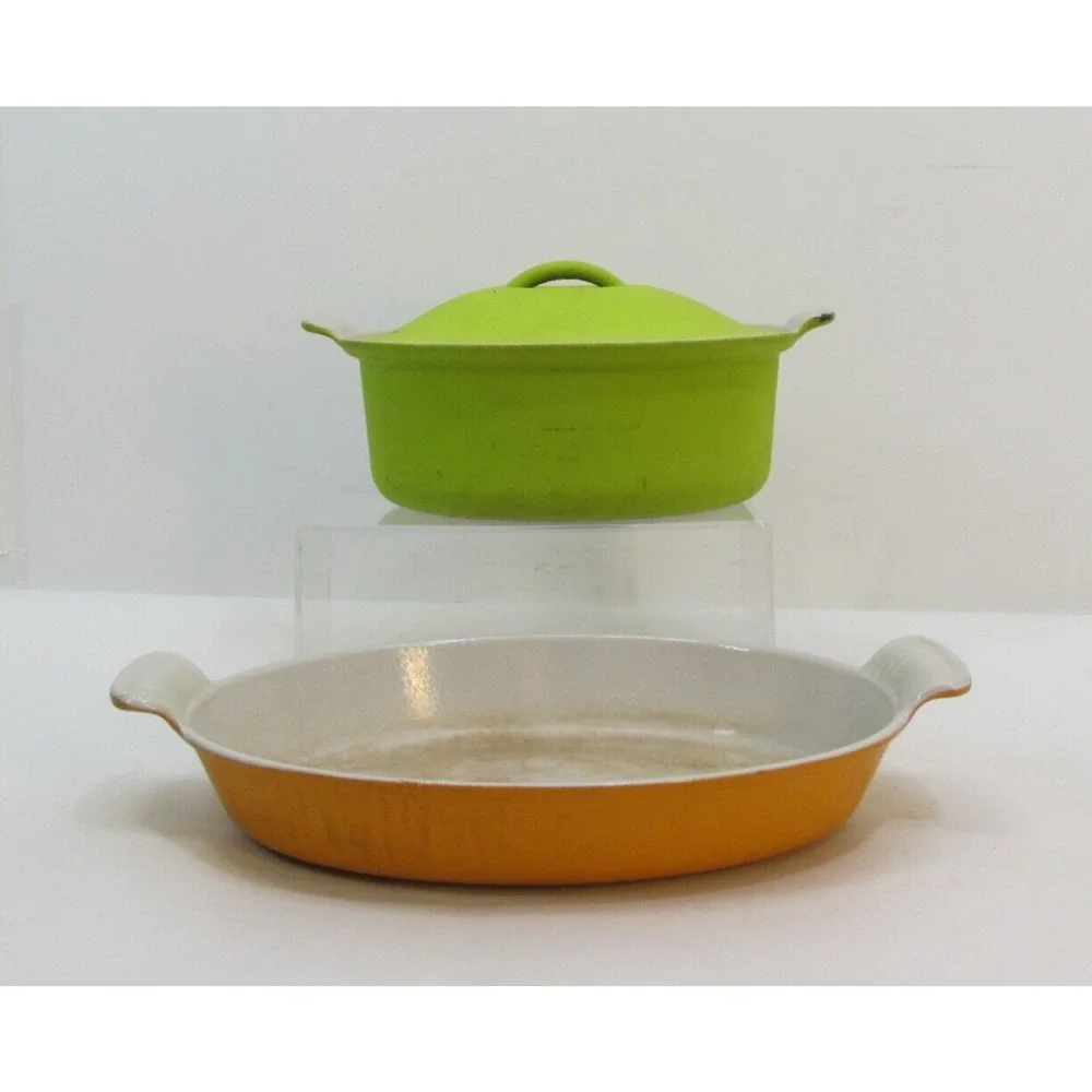 VG LE CREUSET CAST IRON 28 Yellow ORANGE CASSEROLE BAKING DISH FRANCE Green Lid - Picture 2 of 10